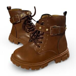Inmuld Toddler Girls Combat Boots 12 Brown Lace Up Pearl Buckle Winter Snow
